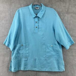 Wild Palm Top Women L Blue Linen Popover Short Sleeve Collared 3/4 Button Pocket